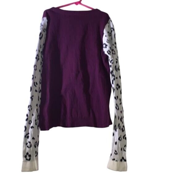 Leopard Print Color Block Knit Sweater Xl Burgundy Purple White Animal Print - Picture 8 of 8